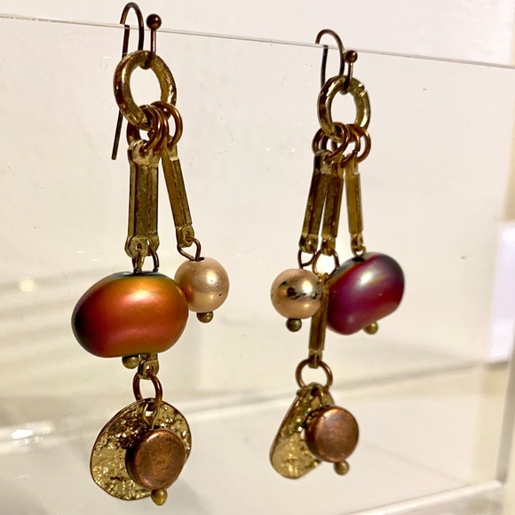 Golden Beaded Earrings Frosted Gradient Distressed Circle Vintage Retro Bead 90s - Picture 4 of 8